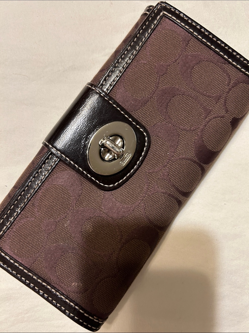 Coach Brown Signature Canvas Turnlock Wallet with Black Trim